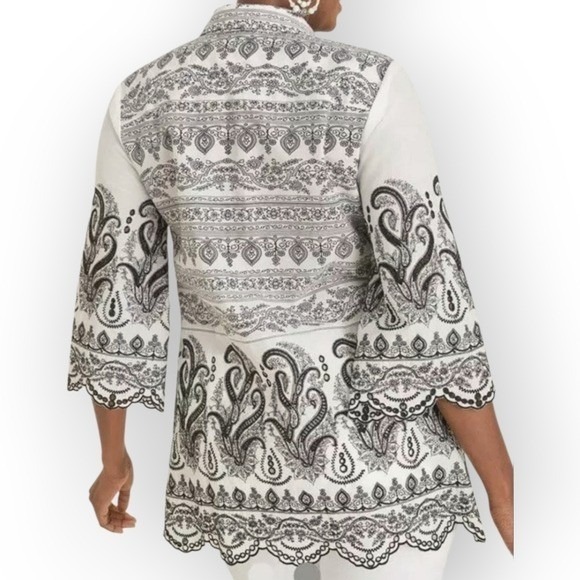 CHICO'S Paisley‎ Eyelet Shirt Black White Cotton Sz OP - 2P Boho Romantic Blouse - Picture 7 of 13